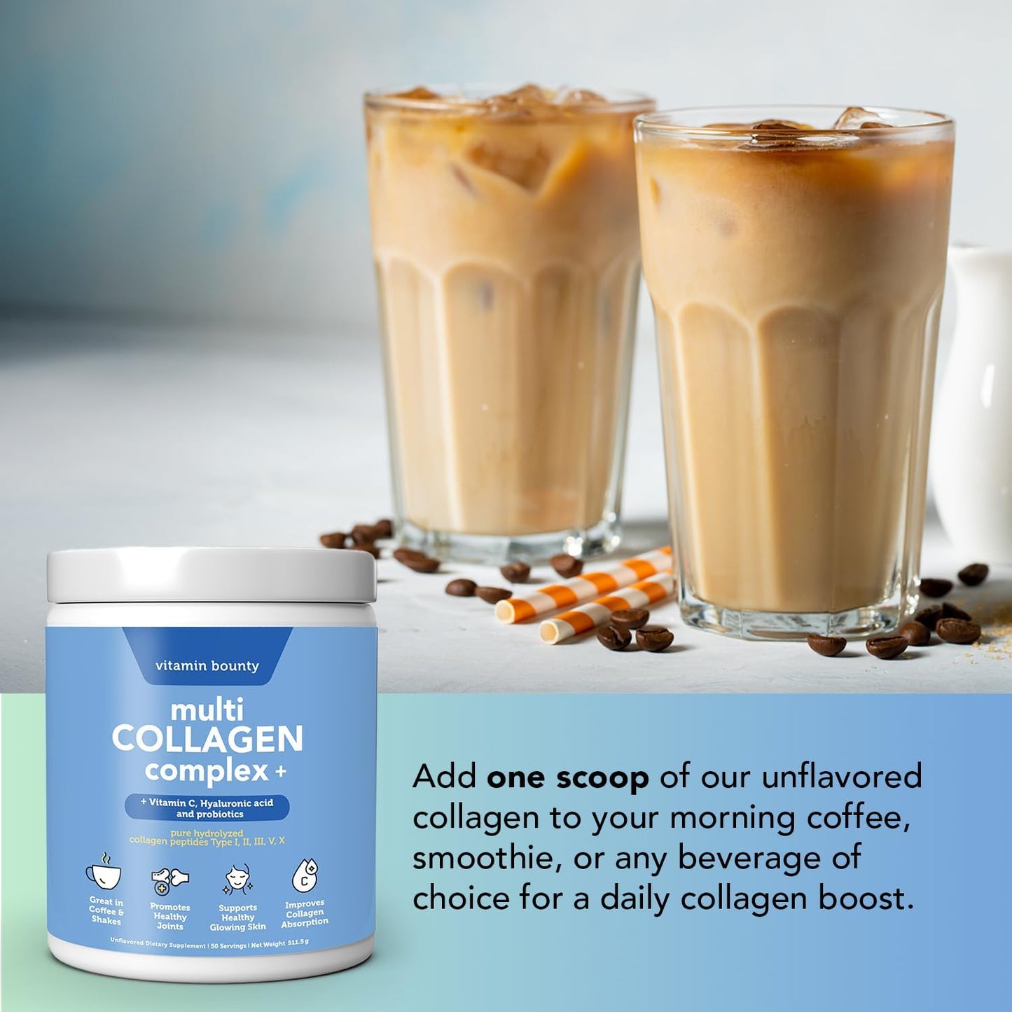 Vitamin Bounty Multi Collagen Complex Plus Powder - 5 Types of Hydrolyzed Collagen Peptides for Women & Men Skin, Hair, Joints & Gut Health w/Vitamin C, Hyaluronic Acid & Probiotics | 50 Servings