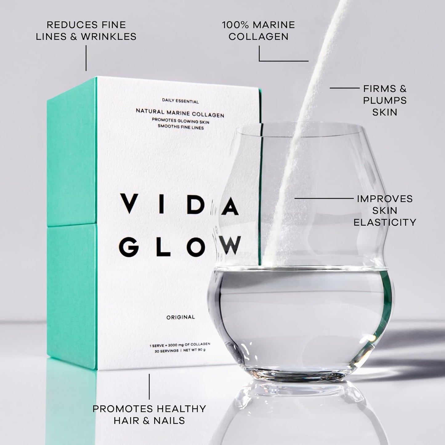 Vida Glow Marine Collagen Powder - Anti Aging Supplement with Collagen Peptides, Promotes Glowing Skin, Strong Nails, Healthy Hair | 30 Servings, Original Flavor
