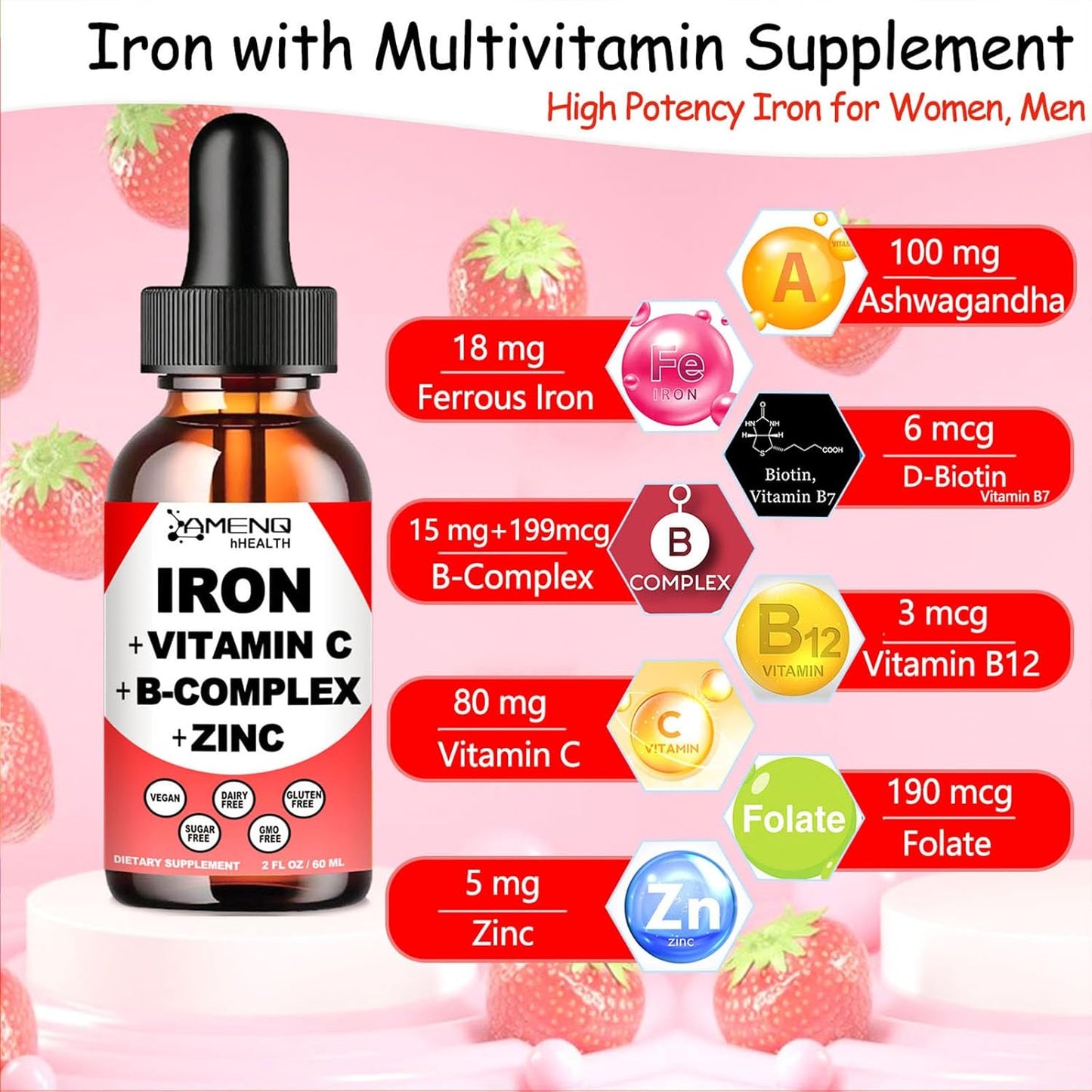 2 Pack Liquid Iron Supplement w/ Vitamin C, A, B-Complex, Vegan Iron Drops High Potency Liquid Vitamin & Iron Supplements for Women, Men & Children -Support Red Blood Cell, Energy, Anemia & Fatigue