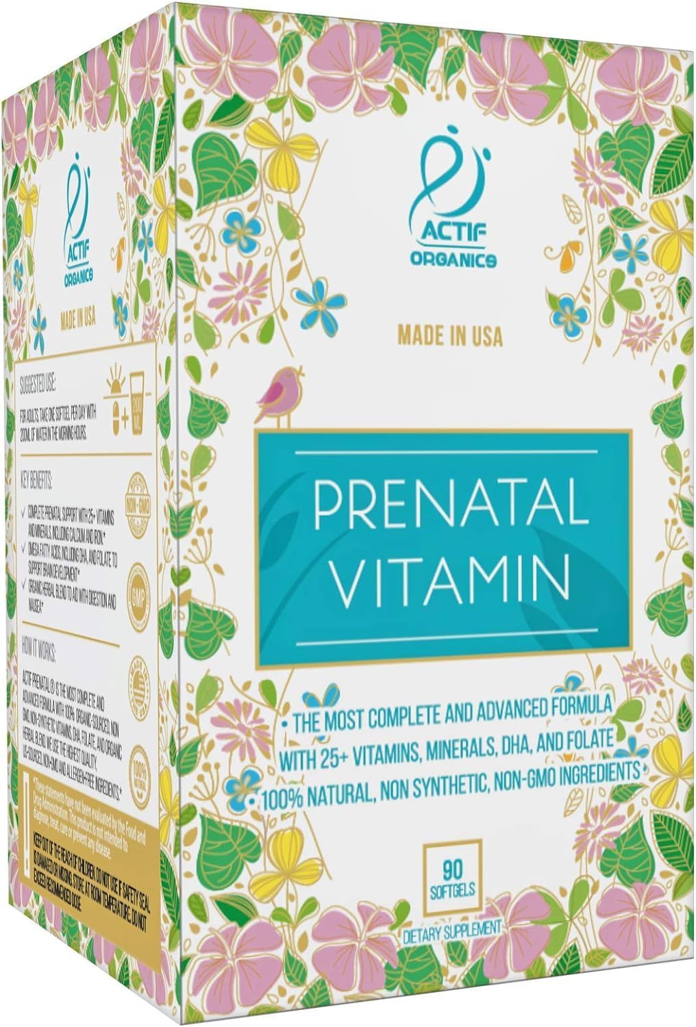 ACTIF Organic Prenatal Vitamin with 25+ Organic Vitamins, 100% Natural, DHA, EPA, Omega 3, and Organic Herbal Blend - Non-GMO, 90 Count