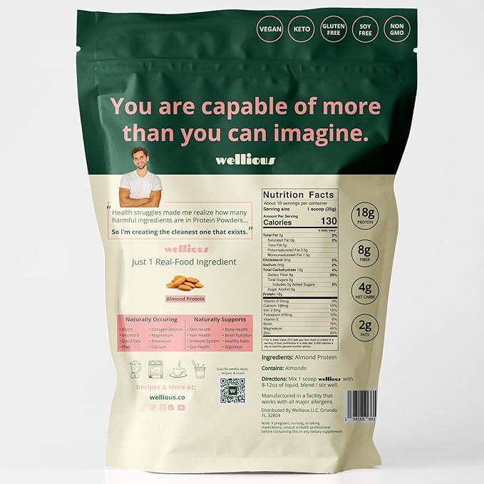 wellious Almond Protein Powder (Unflavored, Unsweetened) - 18 Grams of Pure Healthiest Vegan Protein for Women & Men | Gluten-Free, Soy-Free & Gut Friendly Protein Powder for Sports Nutrition
