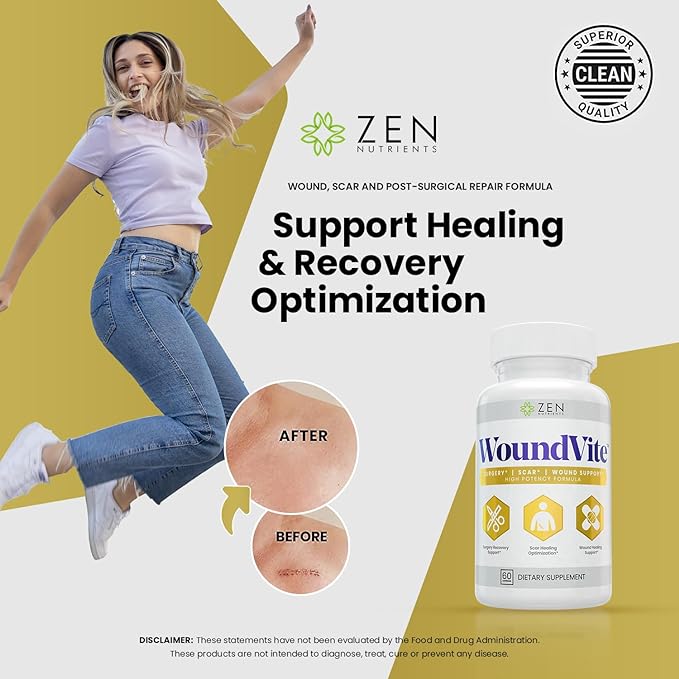 Zen Nutrients WoundVite Pre & Post Surgery Support, Scar & Wound Care, Scar Treatment, Plastic & General Surgery, Heal Faster & Aids in Recovery Time w/Bromelain, Turmeric & Arnica - 60 Vegan Caps