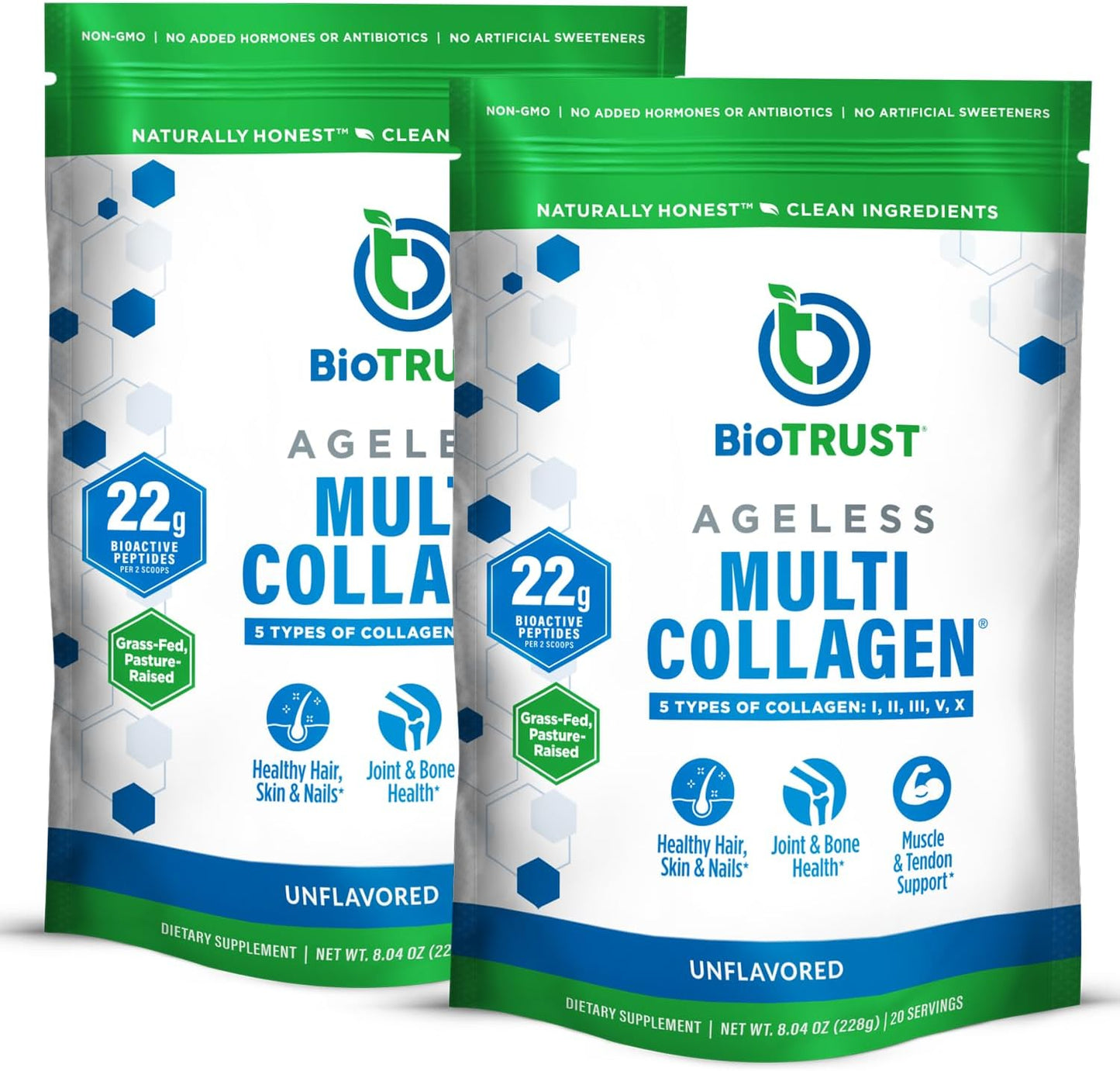 BioTrust Ageless Multi Collagen Protein Powder – 5 Collagen Types (I, II, III, V, X) for Hair, Skin, Nails & Joints – Grass Fed Beef, Sustainable Fish, Chicken & Eggshell Membrane (Unflavored, 2 Pack)