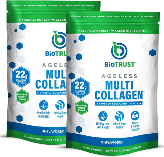 BioTrust Ageless Multi Collagen Protein Powder – 5 Collagen Types (I, II, III, V, X) for Hair, Skin, Nails & Joints – Grass Fed Beef, Sustainable Fish, Chicken & Eggshell Membrane (Unflavored, 2 Pack)