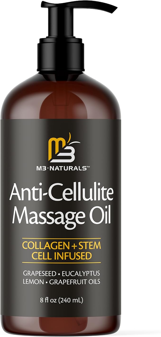 Anti Cellulite Massage Oil and Silicone Body Brush – Collagen and Stem Cell Skin Tightening Formula for Smoothing and Firming, 8 fl oz by M3
