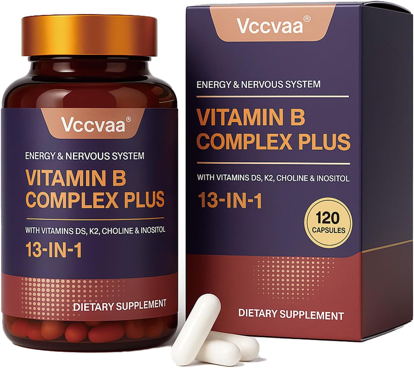 13-in-1 Vitamin B Complex Plus with Biotin, Inositol, Folate, B12, C, D3, K2 – Energy, Nerve & Immune Support for Men & Women – Vegan, Non-GMO, 120 Capsules