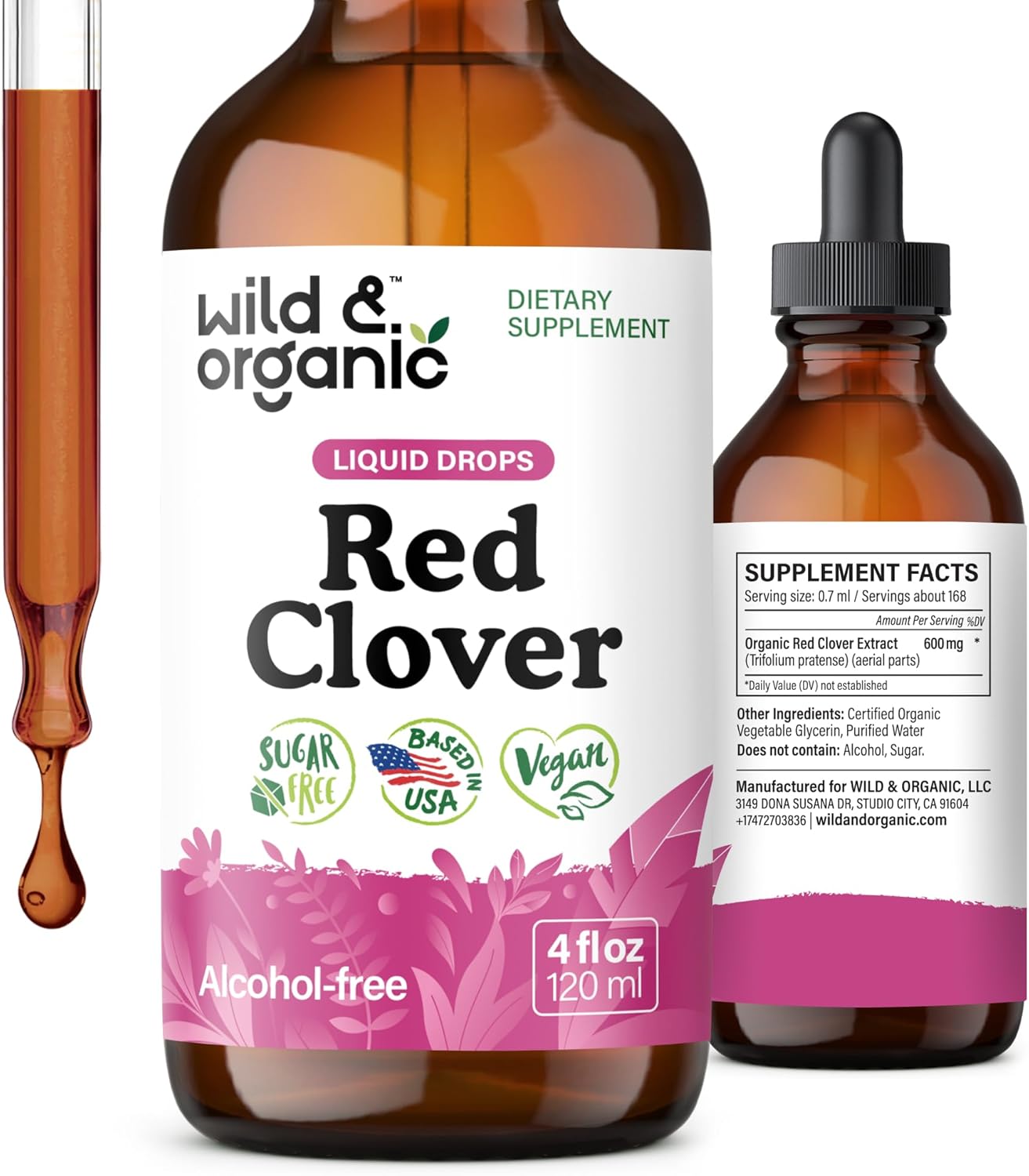 Wild & Organic Red Clover Tincture 600 mg - Liquid Red Clover Supplements for Women - 2-Month Supply - Trifolium Pratense Herb - Vegan, Sugar & Alcohol-Free Extract Drops - 4 fl oz