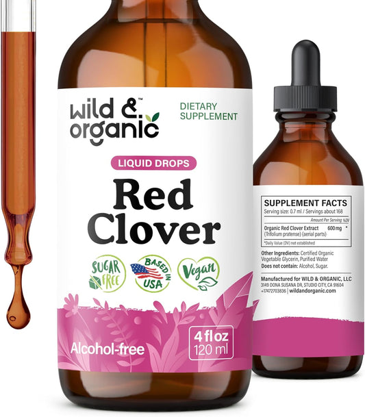 Wild & Organic Red Clover Tincture 600 mg - Liquid Red Clover Supplements for Women - 2-Month Supply - Trifolium Pratense Herb - Vegan, Sugar & Alcohol-Free Extract Drops - 4 fl oz