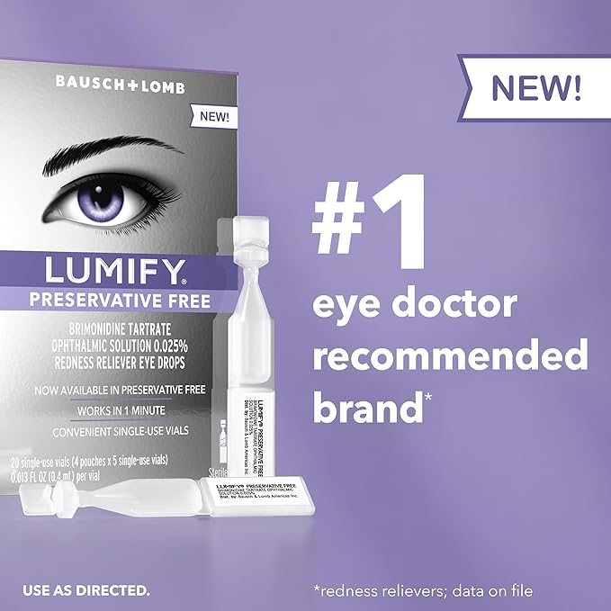 LUMIFY Preservative Free Eye Drops for Red Eyes, Redness Reliever for Sensitive Eye, Brighter and Whiter Looking Eyes, Works in 1 Minute & Lasts Up to 8 Hours, 20 Single-Use Vials