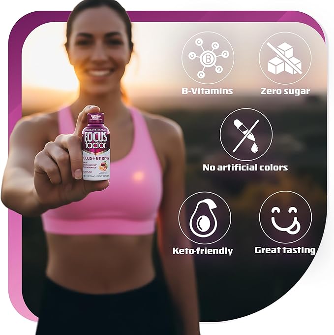 Focus Factor Focus + Energy Shots - 12 x 2oz Bottles (Tropical Punch Flavor) - Powered by Nootropics with Caffeine, L-Theanine, Ginkgo, Bacopa, L-Tyrosine, Alpha GPC