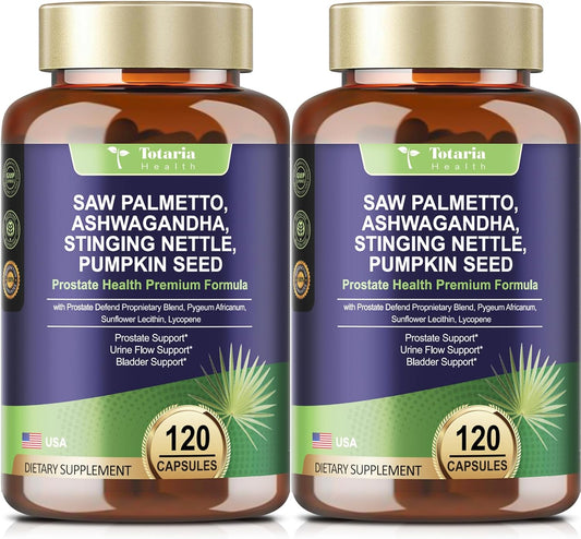 2Pack Organic Saw Palmetto - Prostate Health Supplements for Men with Ashwagandha Root, Stinging Nettle, Pumpkin Seed, Prostate Defend Propnietary Blend, DHT Blocker, 240 Count