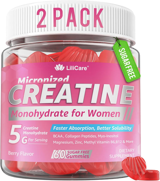 Creatine for Women Gummies, Micronized Creatine Monohydrate + Myo-Inositol, Collagen Peptides, BCAAs, Hyaluronic Acid, Vitamin B6 B12, Zinc for Enërgy, Föcus, Hörmonal Balance, Sugar Free, 120 Counts