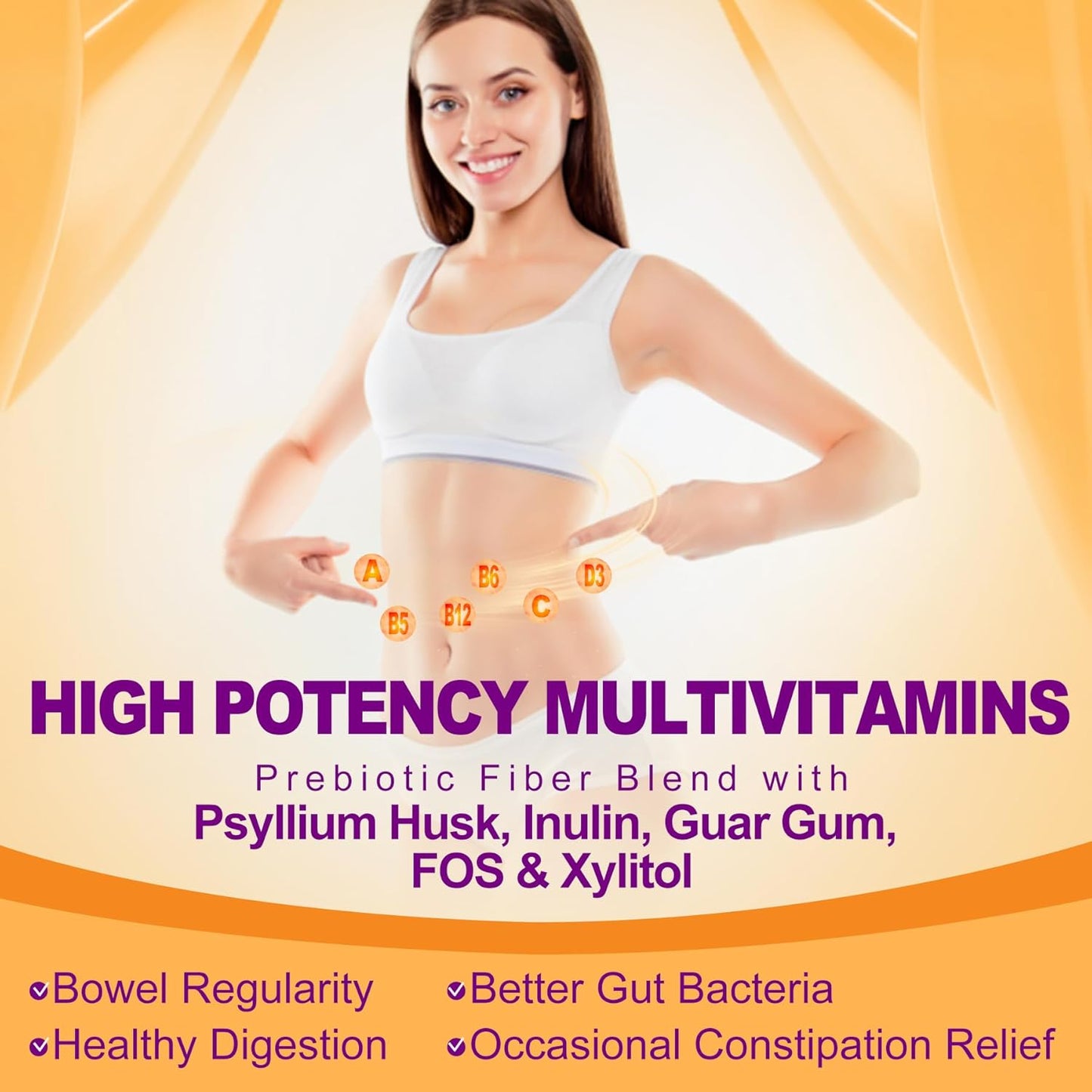 1Pack Fiber Gummies for Adults with Psyllium Husk, 7G(Soluble + Insoluble) Daily Prebiotic Fiber with Inulin, FOS, Guar Gum, Multivitamins for Daily Digestive Health, Regularity Gut Support,Sugar Free