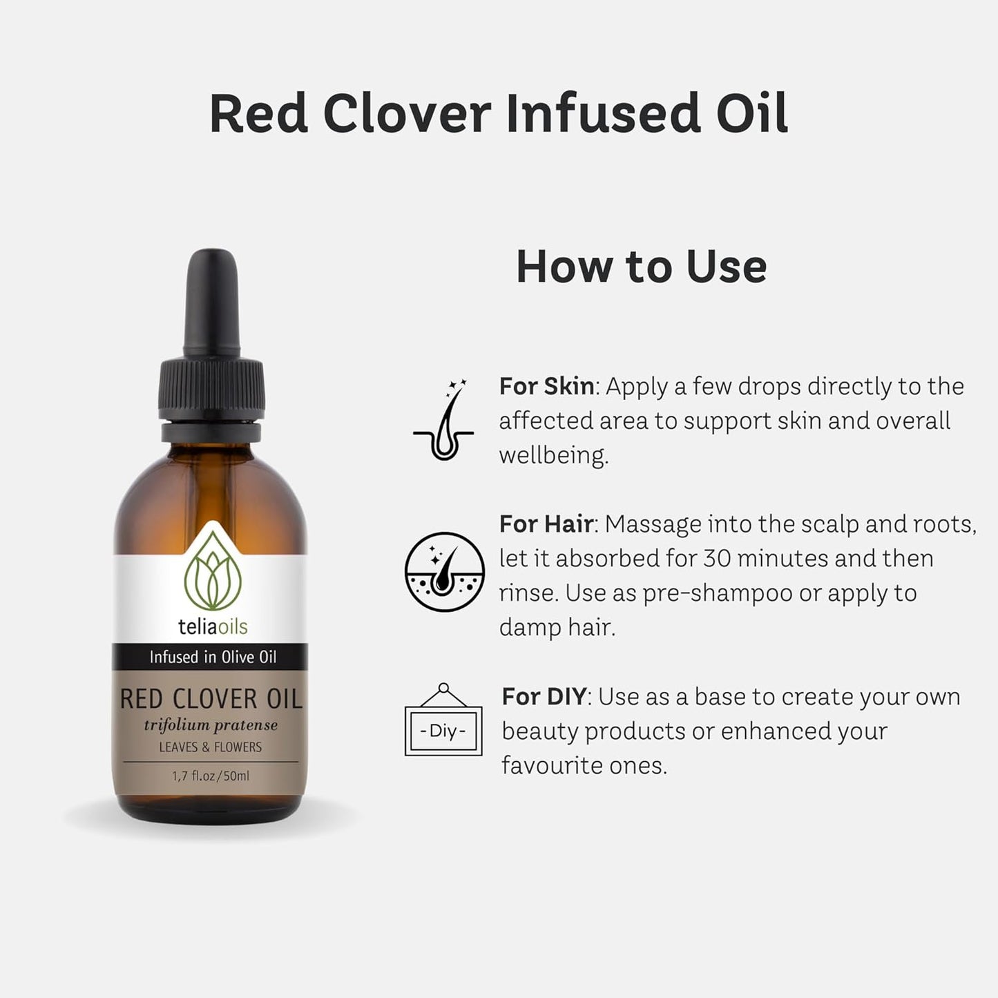Teliaoils Red Clover Extract Infused in Olive Oil – Macerated Herbal Oil for Skin Elasticity, Anti-Aging Hair Health Women’s Wellness – 1.7 Oz (50ml)