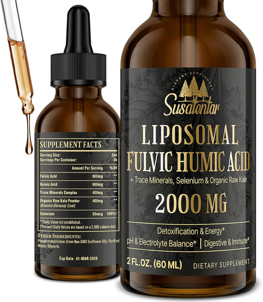 2000 MG Liposomal Fulvic Acid + Humic Acid + Trace Minerals Complex - More Potent Than Shilajit, Electrolytes Liquid Supplement with Organic Kale for Energy, Digestion, Immunity & pH Balance, 2 Oz