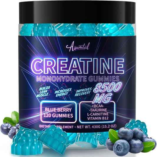 Creatine Monohydrate Gummies Complex 8500 MG for Men & Women, Creatine Monohydrate Supplement for Muscle Growth, Strength & Energy Support, Pre Workout Gummies 120 Count Blueberry