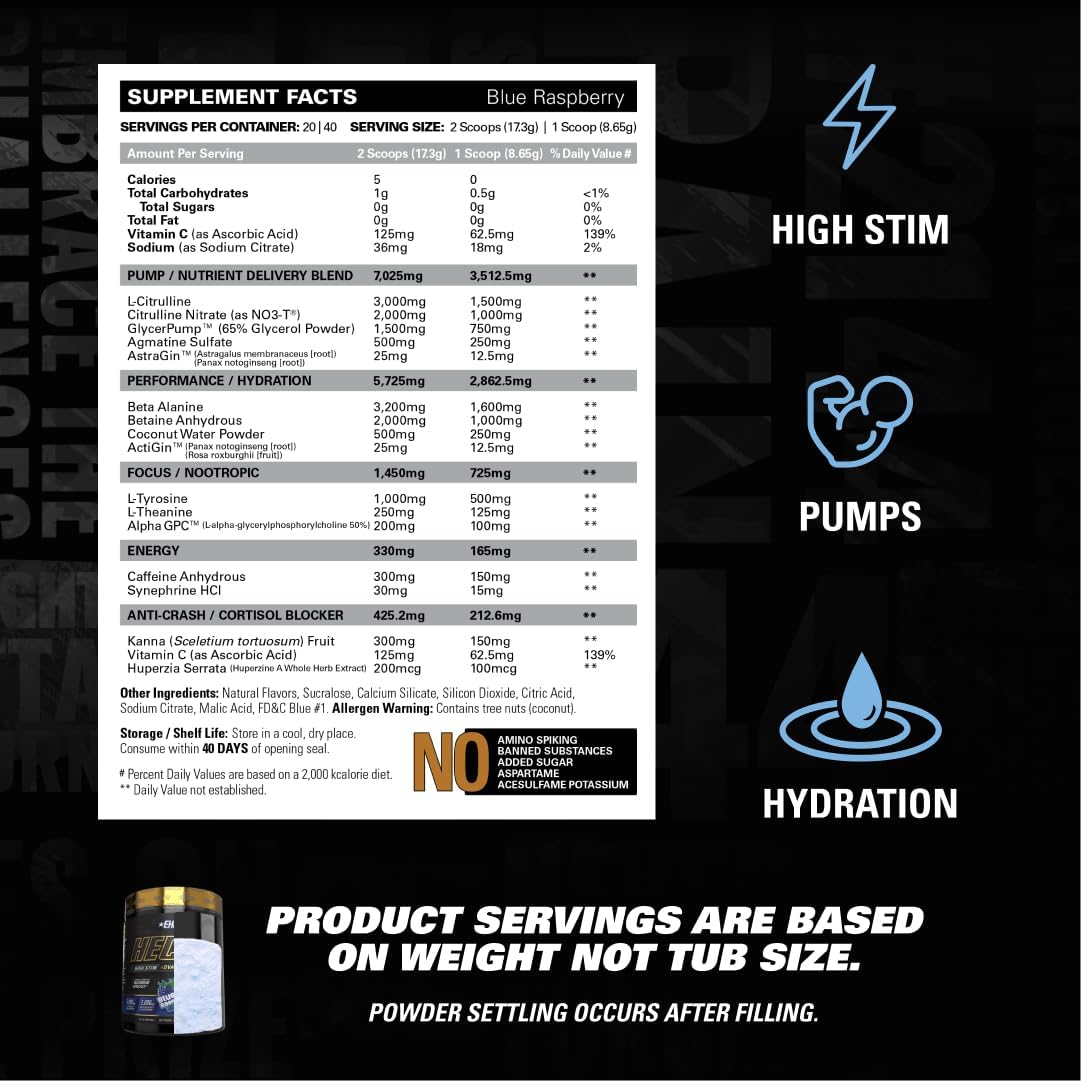 EHP Labs Hectic PreWorkout - High Stim Advanced Pre Workout Powder for Max Performance - Caffeine, Beta Alanine, Coconut Water - Energy, Pump, Recovery & Hydration - 40 Serves (Blue Raspberry)