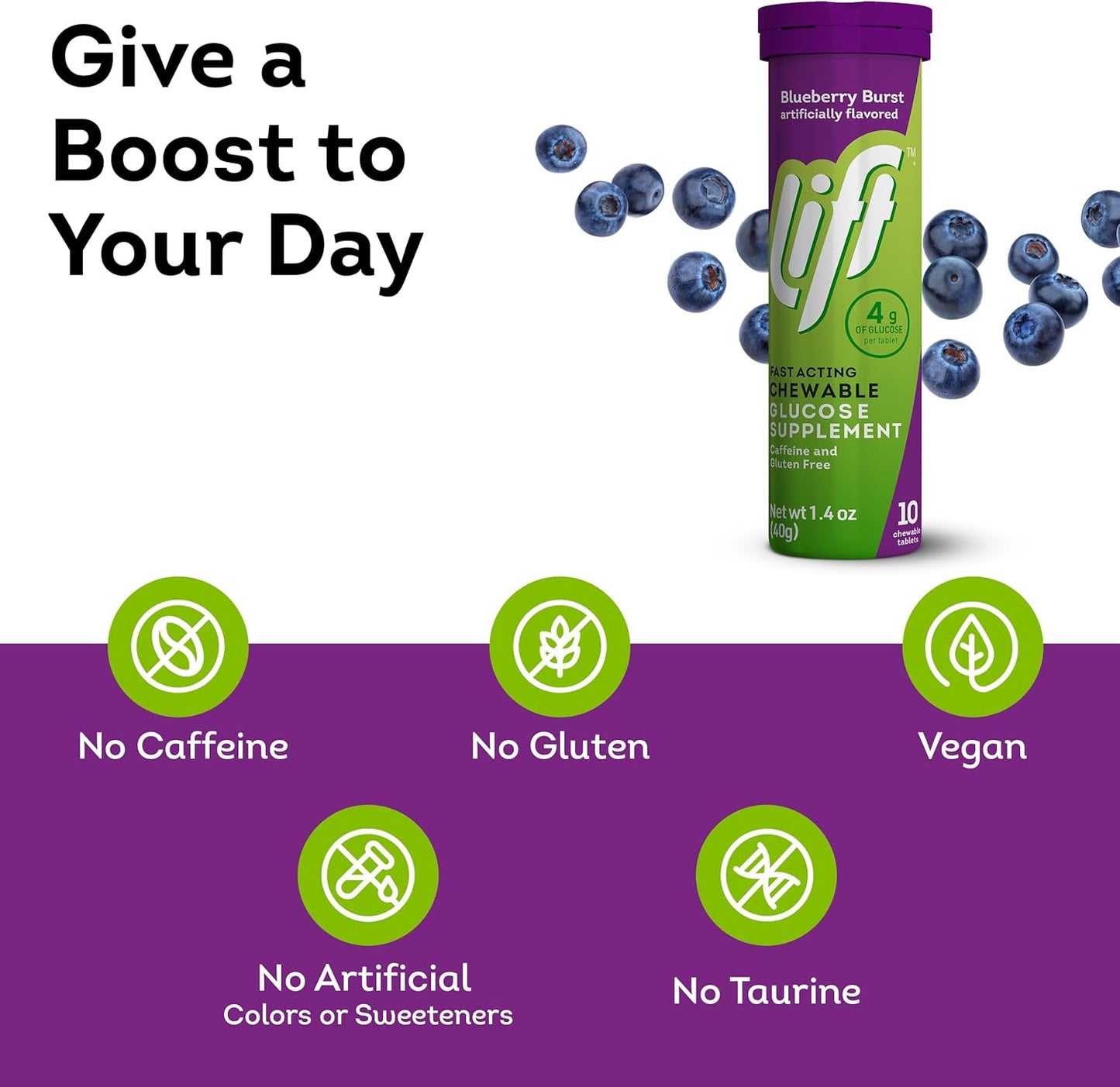 Lift Glucose Fast-Acting Glucose Chewable Energy Tablets, Blueberry, 10 ct Tube (Pack of 12)