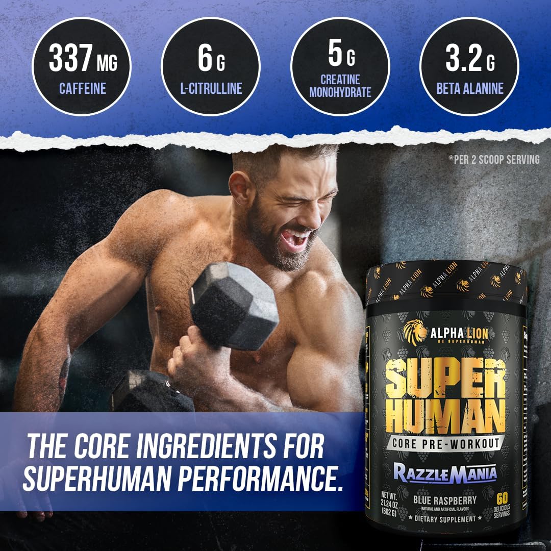 ALPHA LION Core Pre Workout with Creatine for Performance, Beta Alanine for Muscle, L-Citrulline for Pump & Tri-Source Caffeine for Sustained Energy (60 Servings, Razzle Mania)