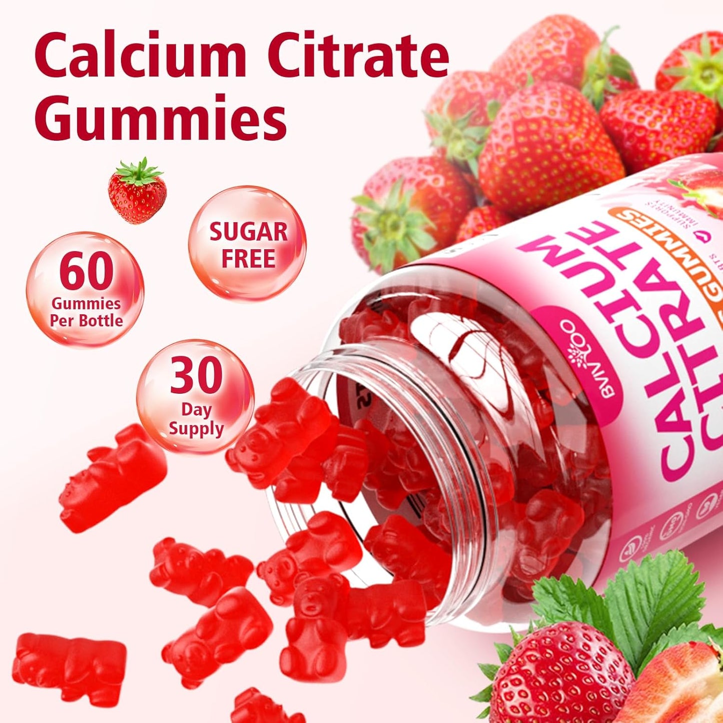 2 Packs High Absorption Calcium Citrate Gummies 1200mg - Bone & Teeth Support for Adults & Kids, Vegan Sugar-Free Gummies, Strawberry Flavor, 120 Count
