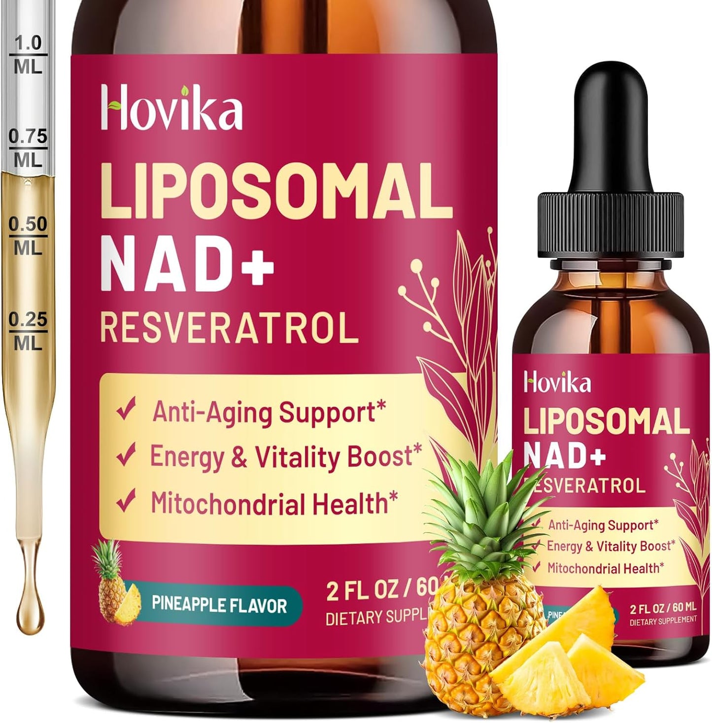 Liposomal NAD Supplement - 1200mg NAD+ Liquid Drops for Women & Men with Resveratrol, Black Pepper Extract - Support Anti-Aging, Brain & Cellular Mitochondrial Health - 2 Fl Oz, Pineapple Flavor