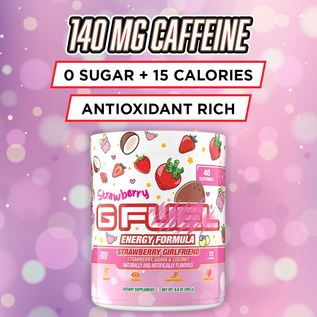 G Fuel Strawberry Girlfriend Energy Drink Powder, Pre Workout Caffeine Mix for Gaming, Sugar Free Focus Amino + Antioxidants, 9.9oz (Strawberry Guava, Coconut, 40 Servings)