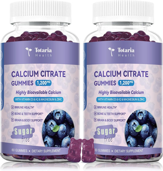 2 Pack Calcium Citrate Gummies 1200 mg - Calcium Supplements for Women with Vitamin D3 & K2,Magnesium,Zinc - Sugar Free Calcium Gummies for Bone & Teeth & Immune Support- Blueberry Flavor