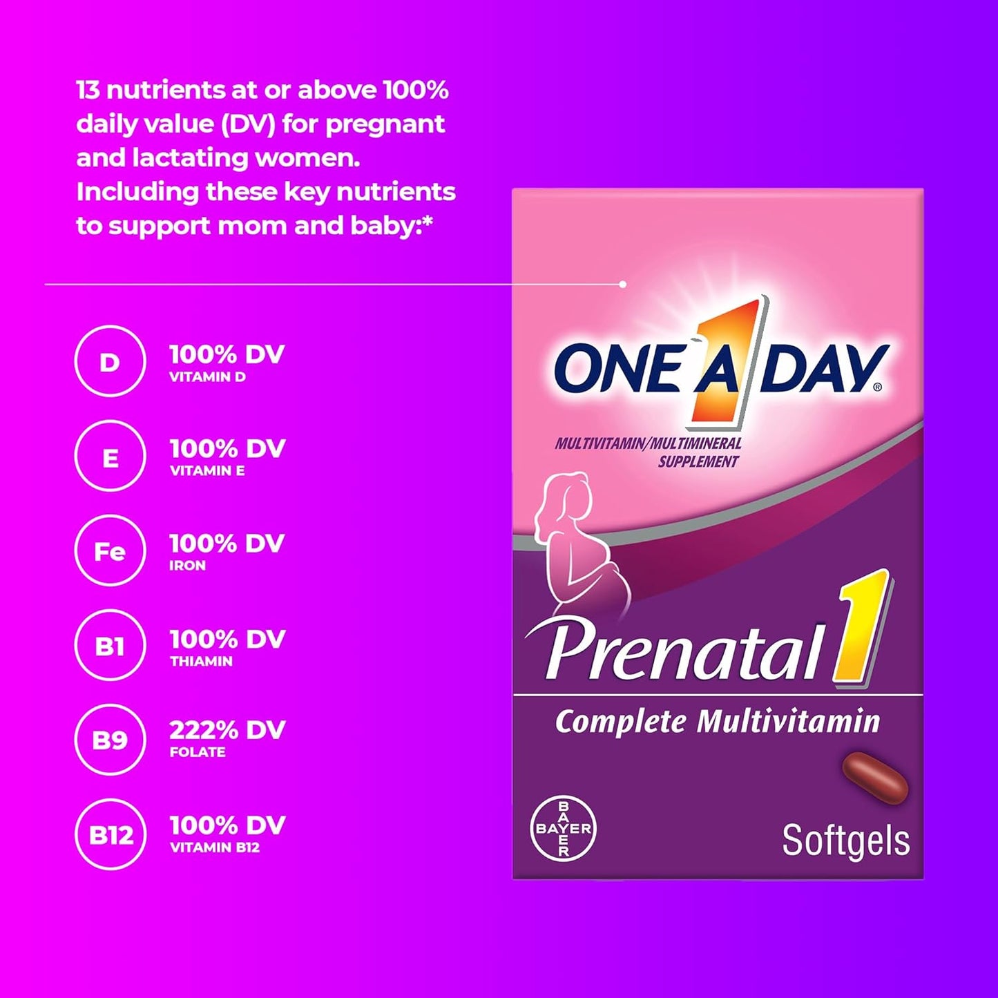 ONE A DAY Women's Prenatal 1 Multivitamin including Vitamins A, C, D, B6, B12, Iron, Omega-3 DHA & more - Supplement for Before, During, & Post Pregnancy, 30 Ct (Pack of 1)(Packaging May Vary)