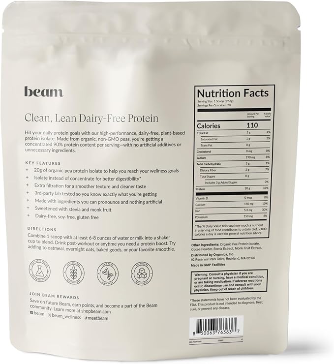 Beam Vegan Protein Powder – Organic Pea Protein Isolate, 20g Plant-Based Protein per Serving, Third-Party Tested, No Added Sugar, Dairy Free, Soy Free, Gluten Free, 20 Servings, Chocolate