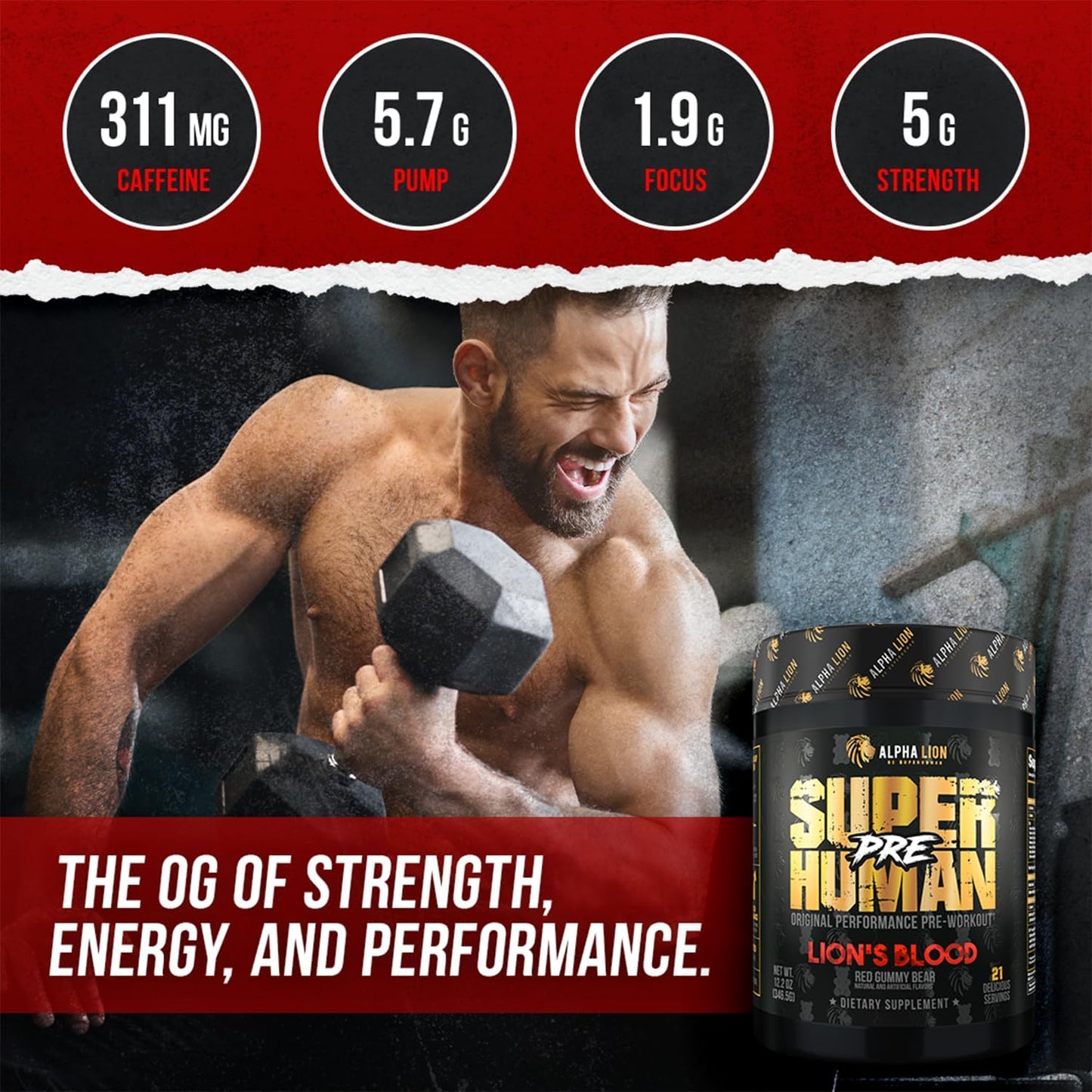 ALPHA LION Pre Workout Powder, Beta Alanine, L-Taurine & Tri-Source Caffeine for Sustained Energy & Focus, Nitric Oxide & Citrulline for Pump (21 Servings, Lion's Blood Flavor), Pack of 1