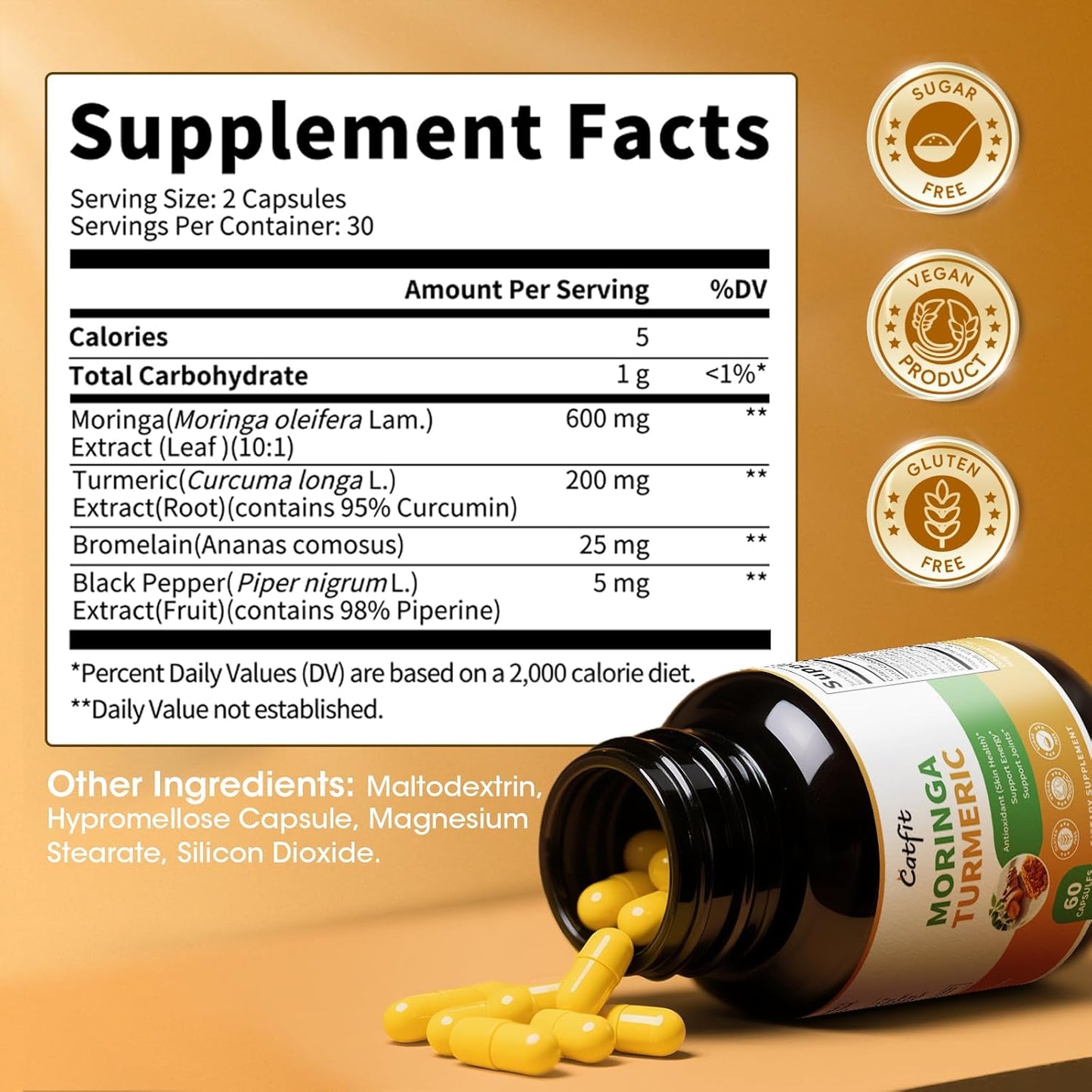 2 Pack Moringa Capsules, Moringa Powder with Turmeric, Bromelain and Black Pepper, 4-in-1 Superfood for Energy, Immune, Digestion and Antioxidant Support, Vegan, Gluten-Free, 120 Count