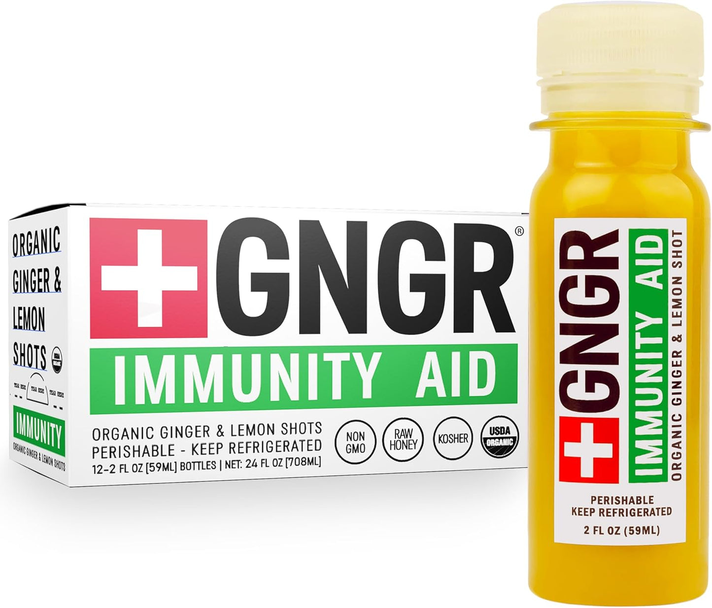 +GNGR Immunity Aid Organic Ginger and Lemon Shot - Cold Pressed Ginger Shots with Echinacea, Lemon Juice, Honey, Zinc & Vitamin D3, Immune & Digestive Support (2 Oz, Pack of 12)