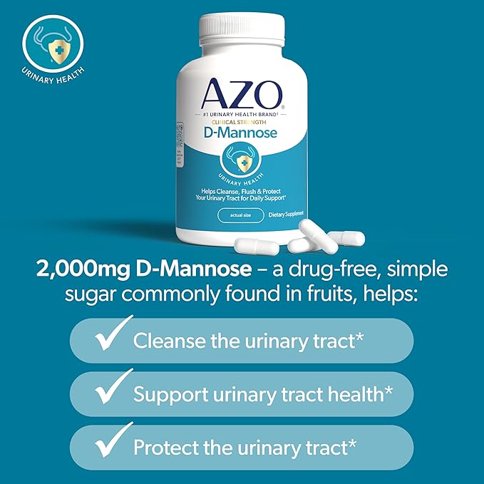 AZO D Mannose Urinary Tract Health, Cleanse, Flush & Protect The Urinary Tract, No.1 Pharmacist Recommended Brand, Clinical Strength, Non-GMO, 120 Count