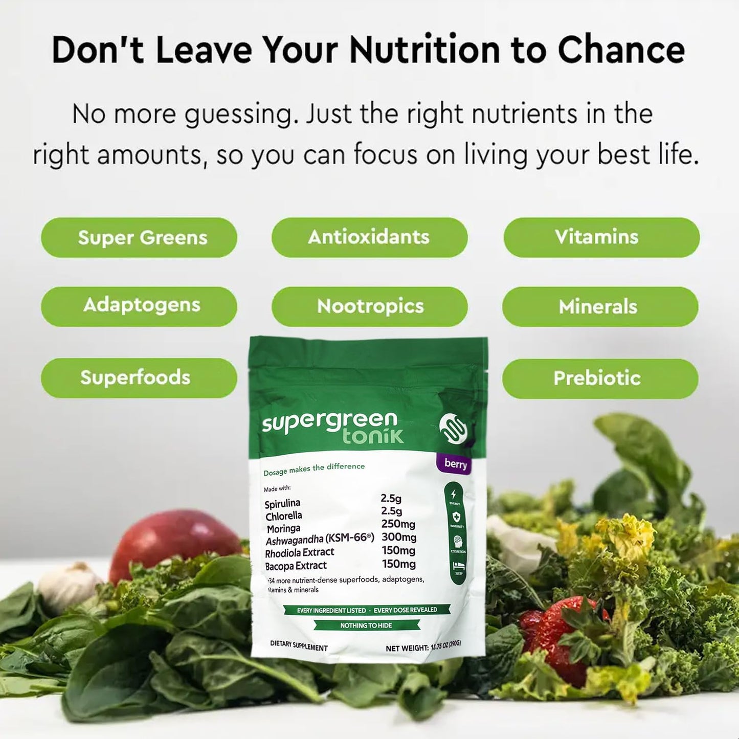 100% Natural Greens Superfood Powder – Daily Supplement with 40 Superfoods, Vitamins and Minerals – Supports Energy, Stress and Immunity – 30 Days 360 Grams Berry Flavor (1 Bag)