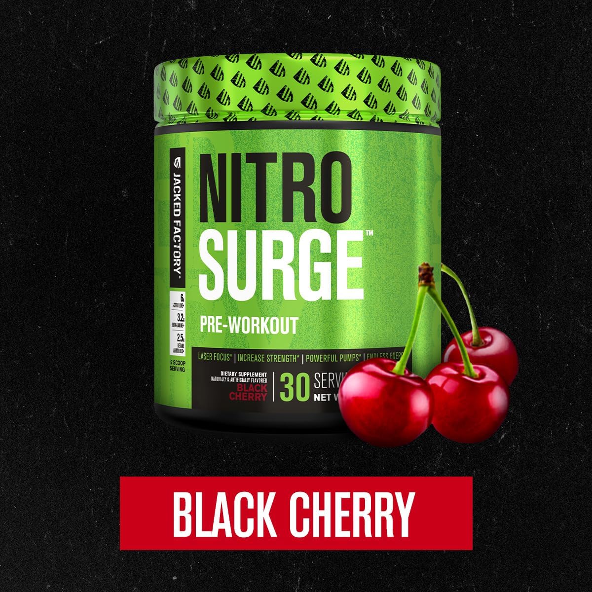 Jacked Factory NITROSURGE Pre Workout Supplement - Endless Energy, Instant Strength Gains, Clear Focus and Intense Pumps - NO Booster & Powerful Preworkout Energy Powder - 30 Servings, Black Cherry