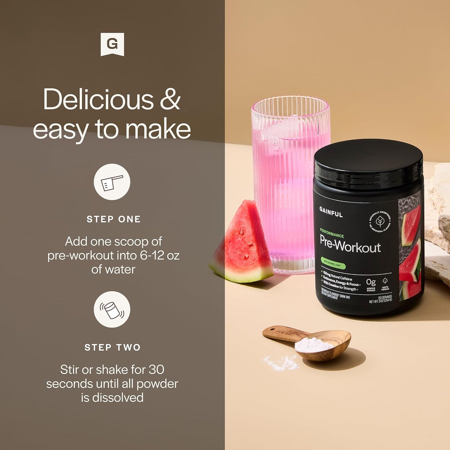 Gainful Performance Pre Workout Powder with Natural Caffeine & Creatine, Watermelon Flavor, Supports Energy, Strength, Endurance, & Recovery with BCAAs, Beta Alanine, L-Citrulline, 20 Servings