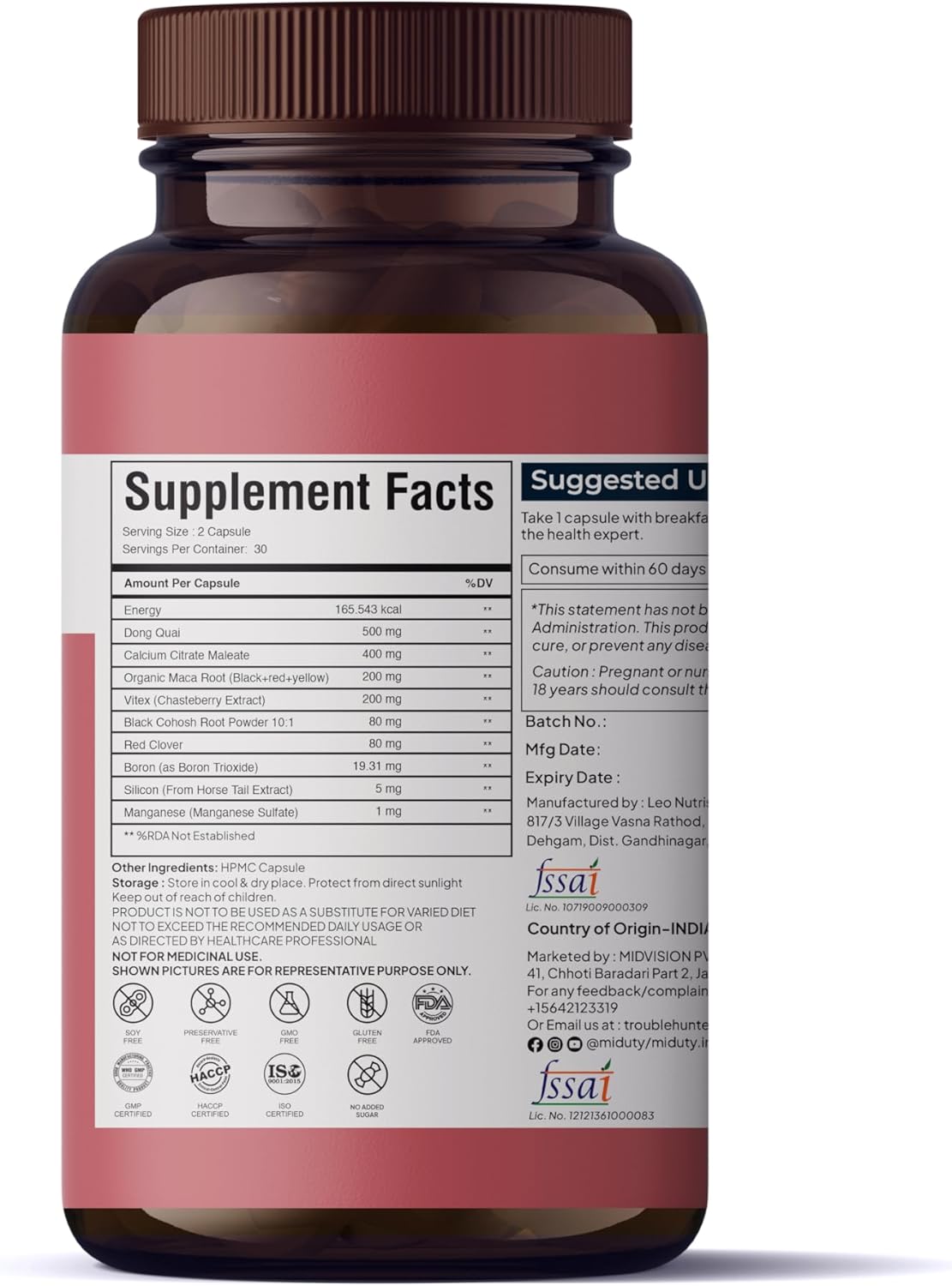 Dong Quai with Chasteberry - Boron - Calcium Citrate Maleate - Silicon - Manganese - Red Clover - Gluten Free - Non-GMO - 60 Capsules