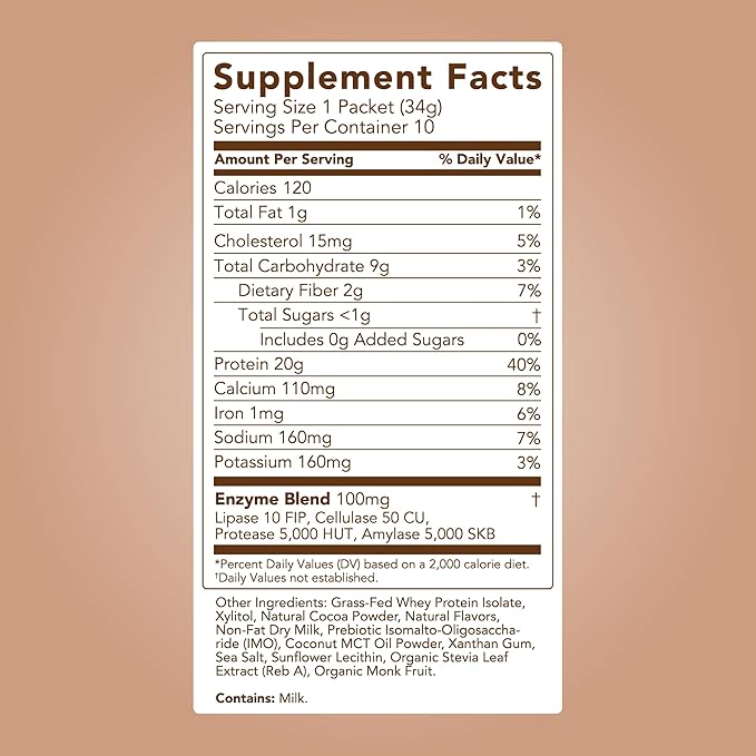 Clean Simple Eats Whey Protein Powder, Chocolate Brownie Batter Flavor, Naturally Sweetened, 100% Grass Fed Protein Powder, Digestive Enzymes & No Artificial Ingredients, Gluten Free, 10 Stick Packs