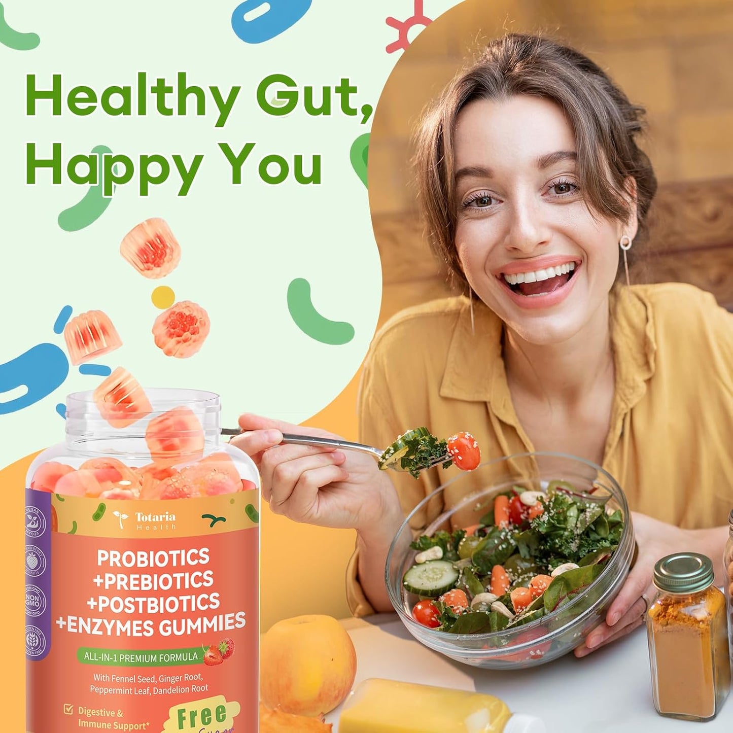 (2 Packs) Totaria Sugar Free 5-in-1 Probiotic Prebiotic Postbiotic Gummy, Probiotics for Women Men with Digestive Enzymes, Peppermint, Complete Immune, Gut & Digestive Support, Vegan Strawberry Flavor