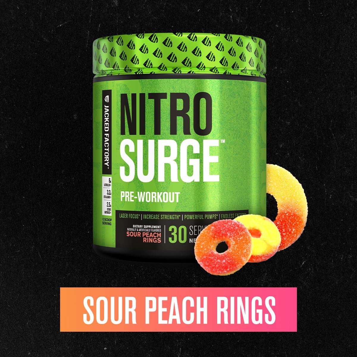 Jacked Factory NITROSURGE Pre Workout Supplement - Endless Energy, Instant Strength Gains, Clear Focus, Intense Pumps - NO Booster & Powerful Preworkout Energy Powder - 30 Servings, Sour Peach Rings