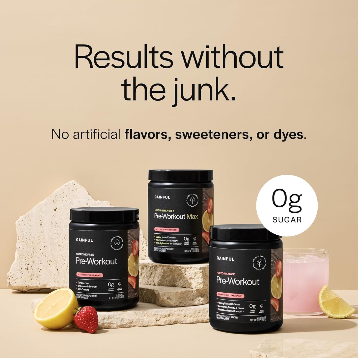 Gainful Caffeine Free Pre Workout Powder with Creatine, Strawberry Lemonade Flavor, Supports Strength, Endurance, & Recovery, BCAAs, Beta Alanine, L-Citrulline, No Artificial Ingredients, 20 Servings