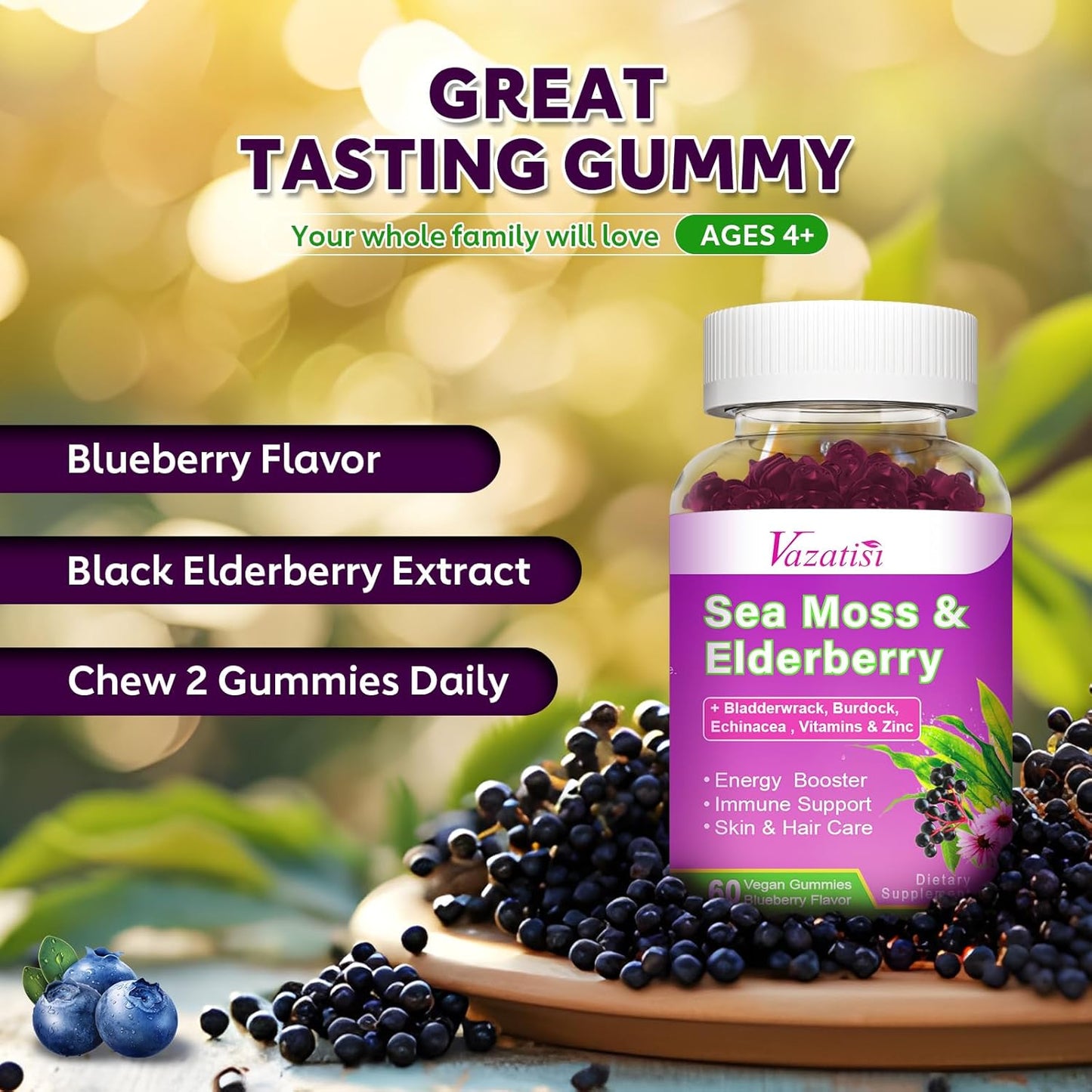 2 Pack Elderberry Gummies with Sea Moss, Extra Strength Elderberry with Vitamin C, Zinc for Immune Support for Adults, Kids, Women & Men, Blueberry Flavor 120Cts
