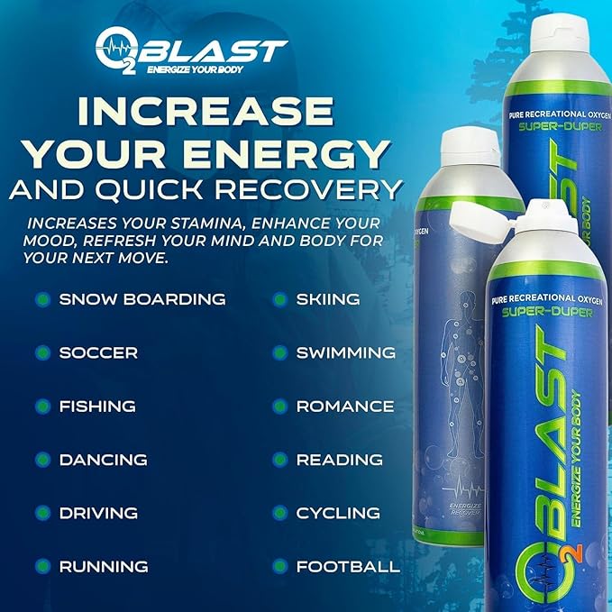 O2 Blast - Pure Oxygen Supplement - Filled with 99.99% Pure Oxygen to Support Fast Recovery, Increase Stamina & Enhanced Focus for High Altitude & Action Sports, 10L Portable Can Flip-Top Cap, 3-Pack