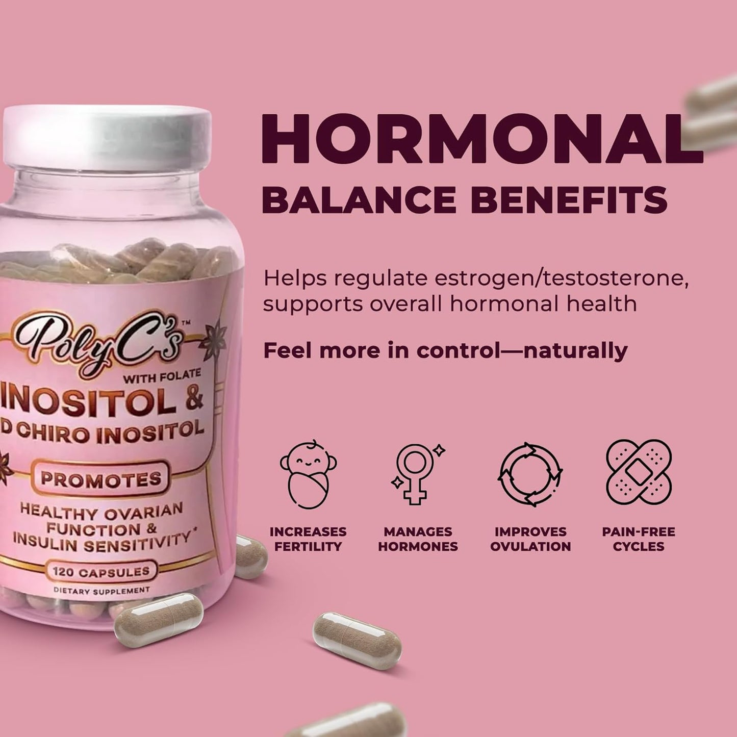 PolyC's Myo-Inositol & D-Chiro Inositol PCOS Supplement for Women 120 Capsules – Hormonal Imbalance, Fertility & Reproductive Wellness – Ovarian Hormone Stability, Menstrual Cycle Health with Folate