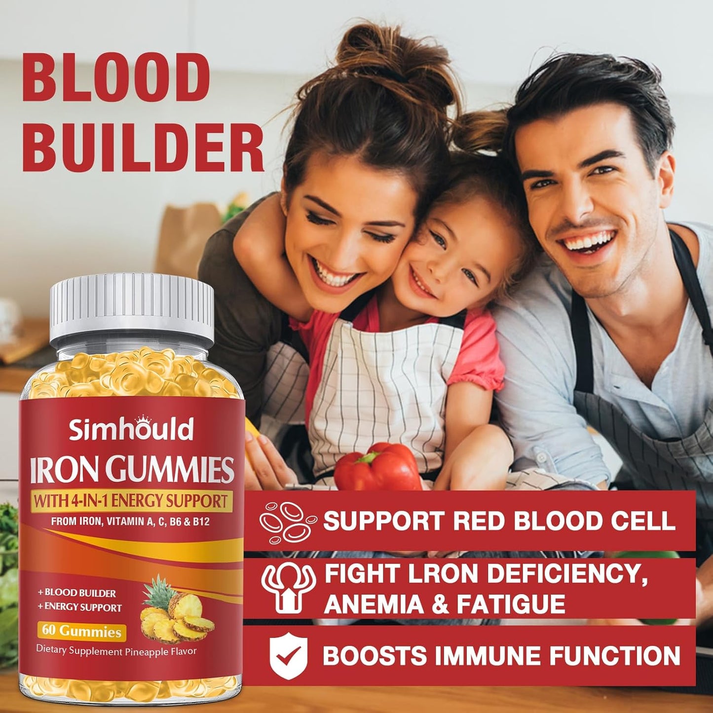 2 Pack Vegan 80MG Iron Supplement Gummies for Women & Men - Vitamin A, C, B for Adults & Kids - Blood & Builder & Energy Support for Iron Deficiency, Anemia, 120 Counts Pineapple Flavor Gummies