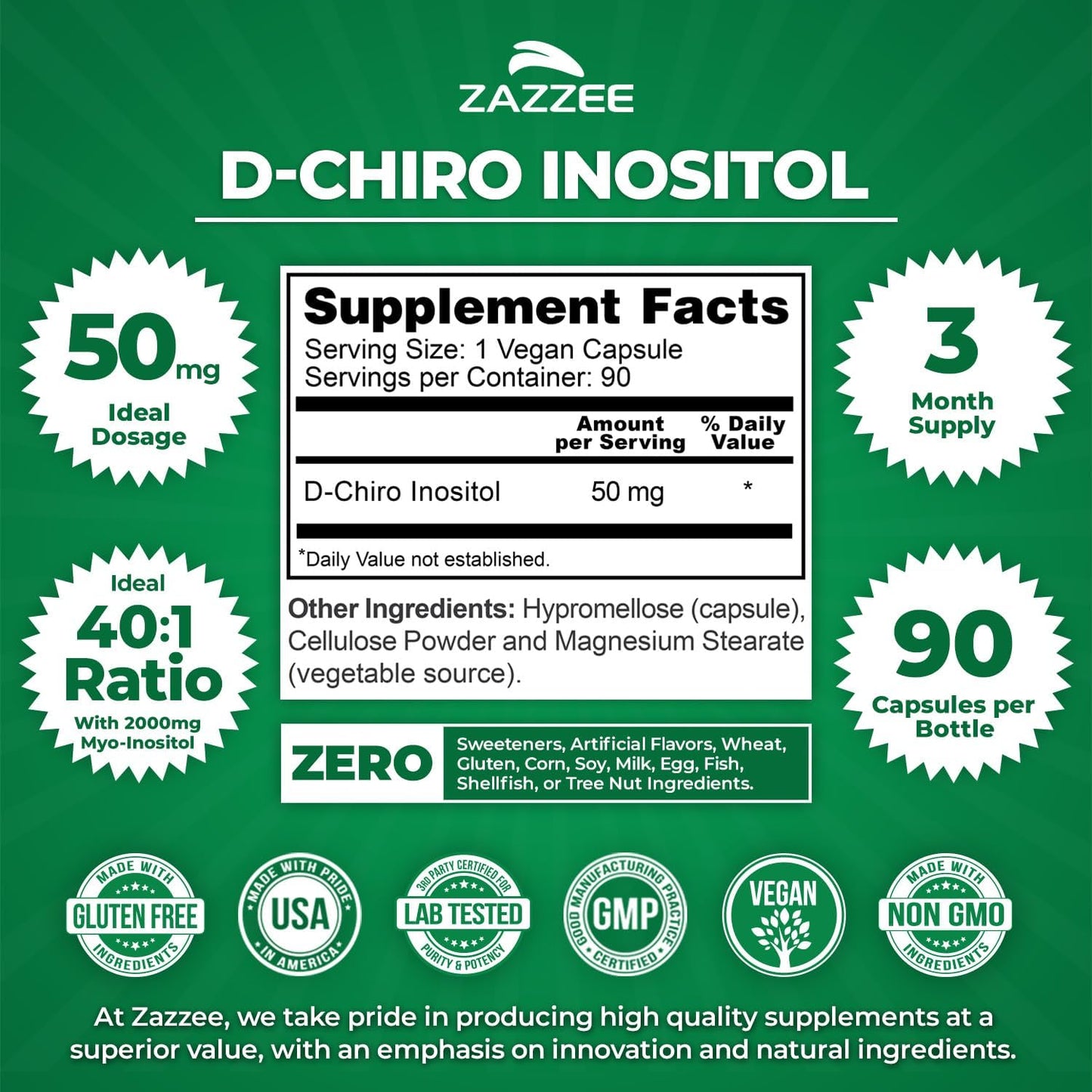 Zazzee D-Chiro-Inositol, 50 mg per Capsule, 90 Vegan Capsules, Ideal Dosage for 40:1 Ratio with Myo-Inositol, 3 Month Supply, 100% Vegetarian, Non-GMO