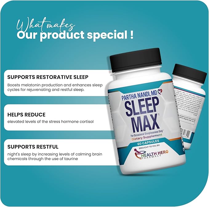 Sleep Max Natural Sleep Aid – Magnesium, GABA, 5-HTP & Taurine – REM Sleep & Deep Sleep Supplement Without Melatonin – Non-Habit Forming Vegan Herbal Sleep Aid – Non-GMO – 60 Capsules