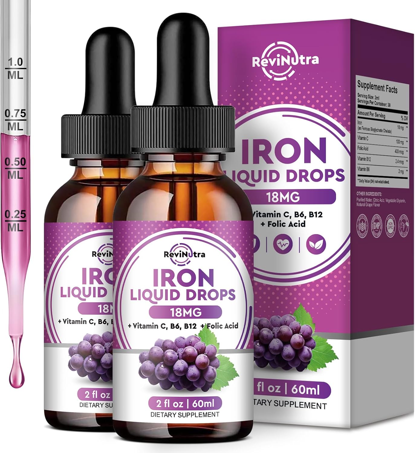 2 Pack Liquid Iron Supplement for Women, Men & Kids - Liquid Iron Drops with Folate, Vitamin C, B6, B12 for Anemia, Red Blood Cell, Energy Support - Grape Flavor