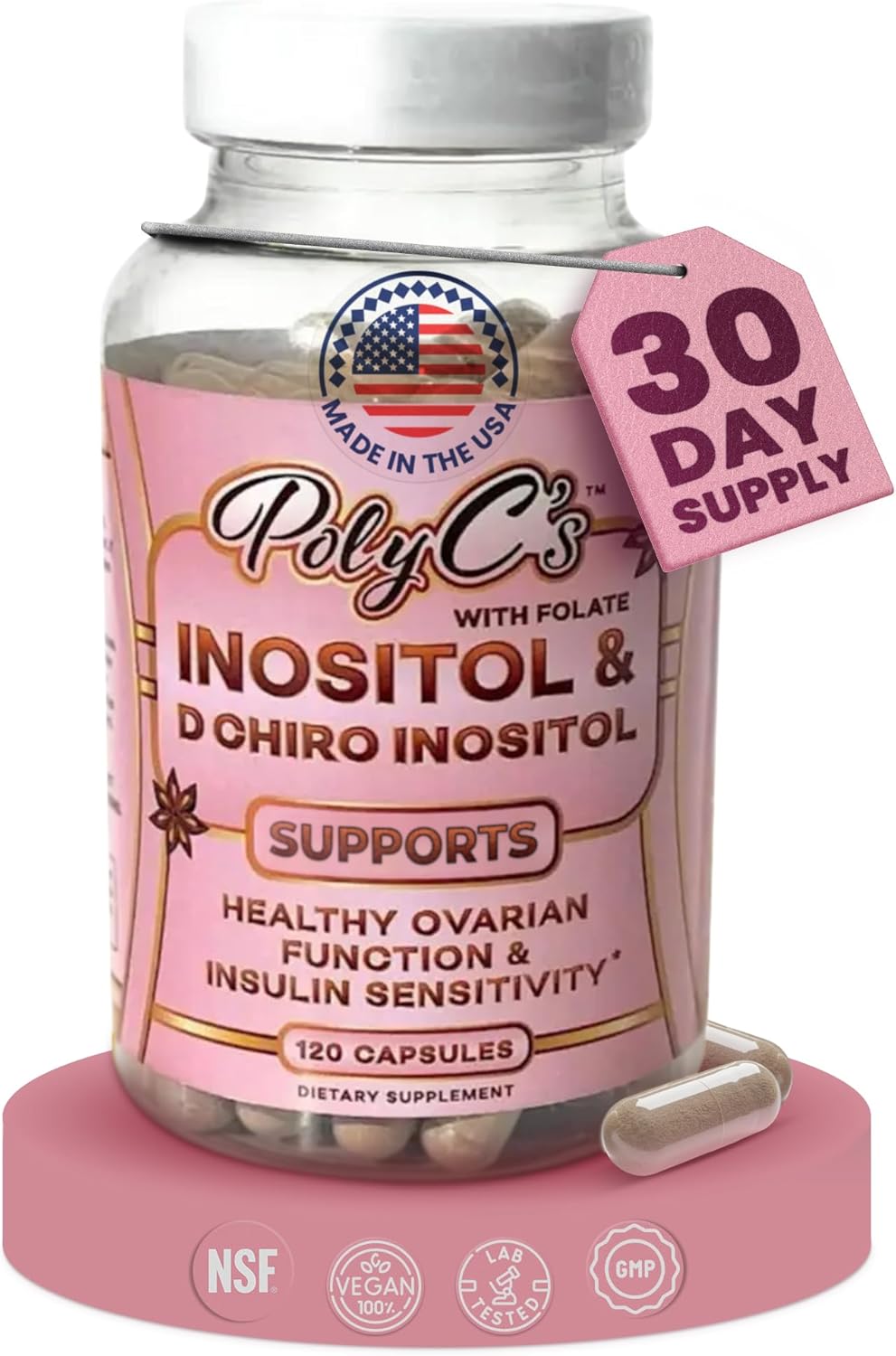 PolyC's Myo-Inositol & D-Chiro Inositol PCOS Supplement for Women 120 Capsules – Hormonal Imbalance, Fertility & Reproductive Wellness – Ovarian Hormone Stability, Menstrual Cycle Health with Folate