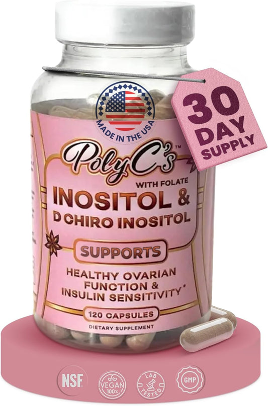 PolyC's Myo-Inositol & D-Chiro Inositol PCOS Supplement for Women 120 Capsules – Hormonal Imbalance, Fertility & Reproductive Wellness – Ovarian Hormone Stability, Menstrual Cycle Health with Folate